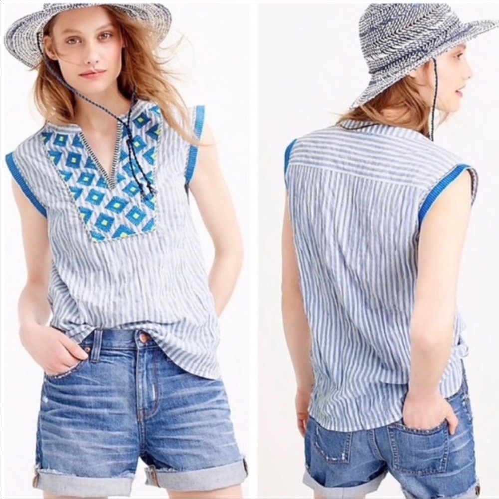 J. Crew Sunburst Stripe Embroidered Popover Top Womens Size 4 Crinkle Stripe